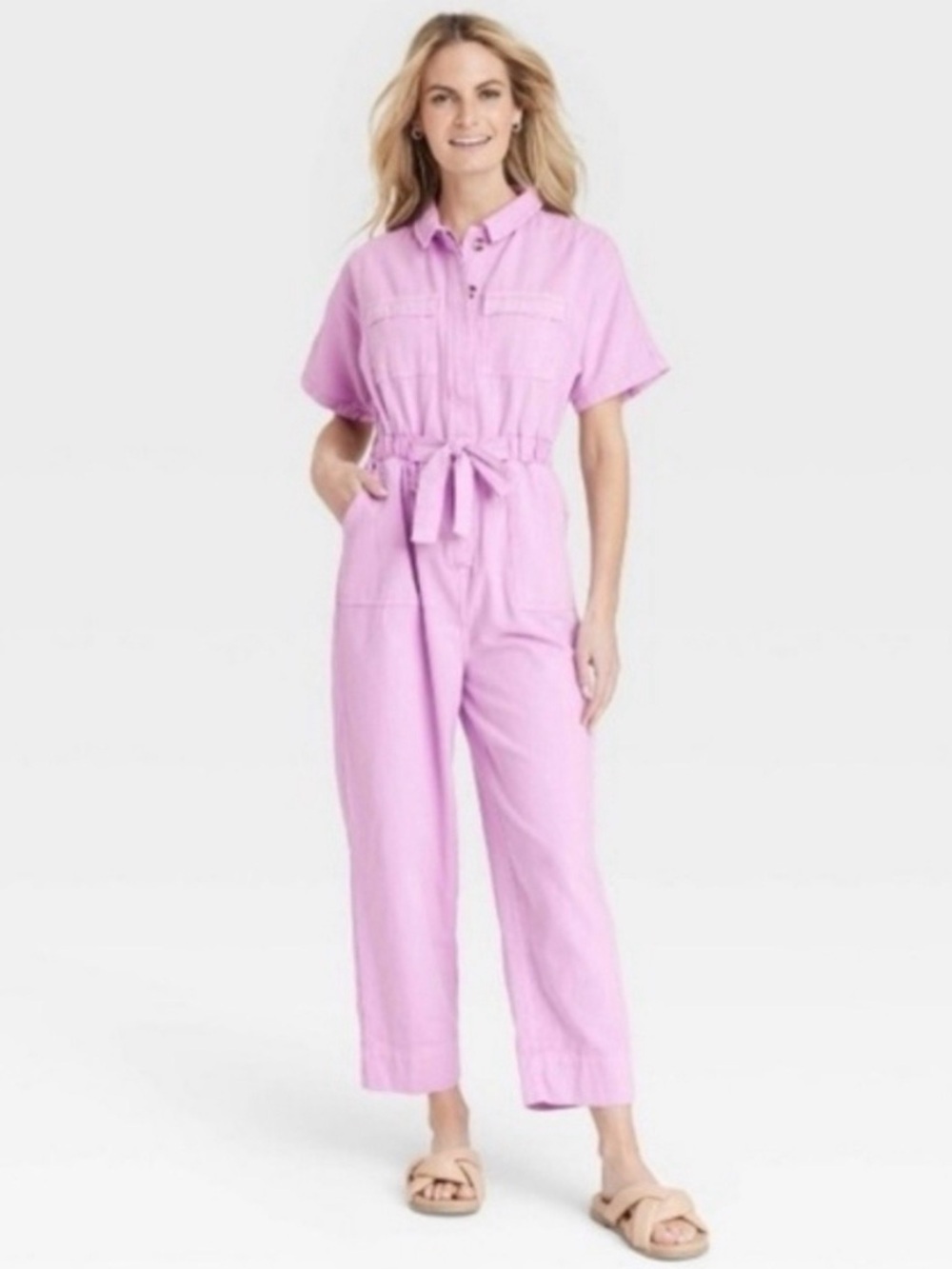 Universal Thread Lavender Short-Sleeve Tie-Waist Jumpsuit